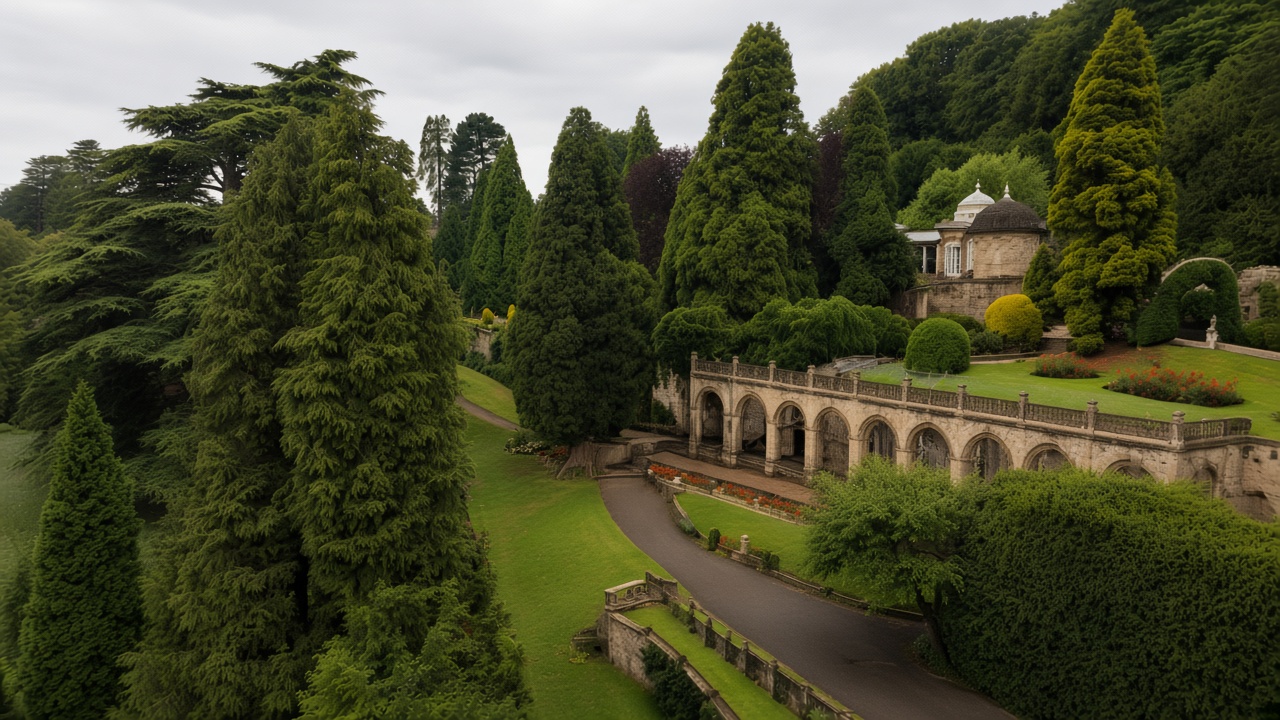 The historic gardens at Alton Towers, with cedars, a stone colonnade, and a small pavilion