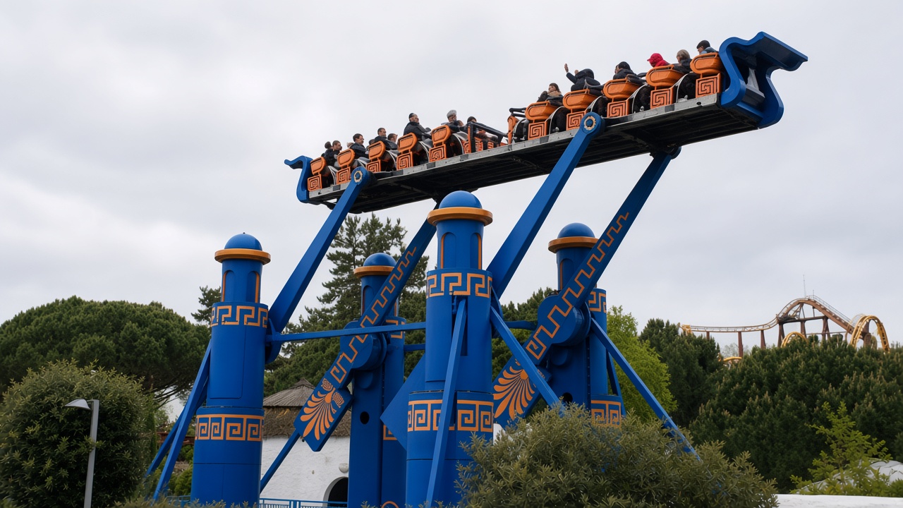A Greek-themed ride at Parc Astérix, blue columns with gold bands and a raised gondola
