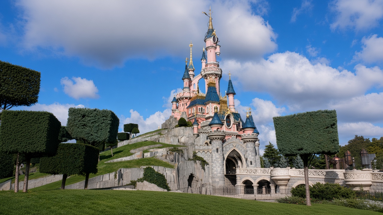 Sleeping Beauty Castle at Disneyland Park in Paris, pink turrets above a stone bridge