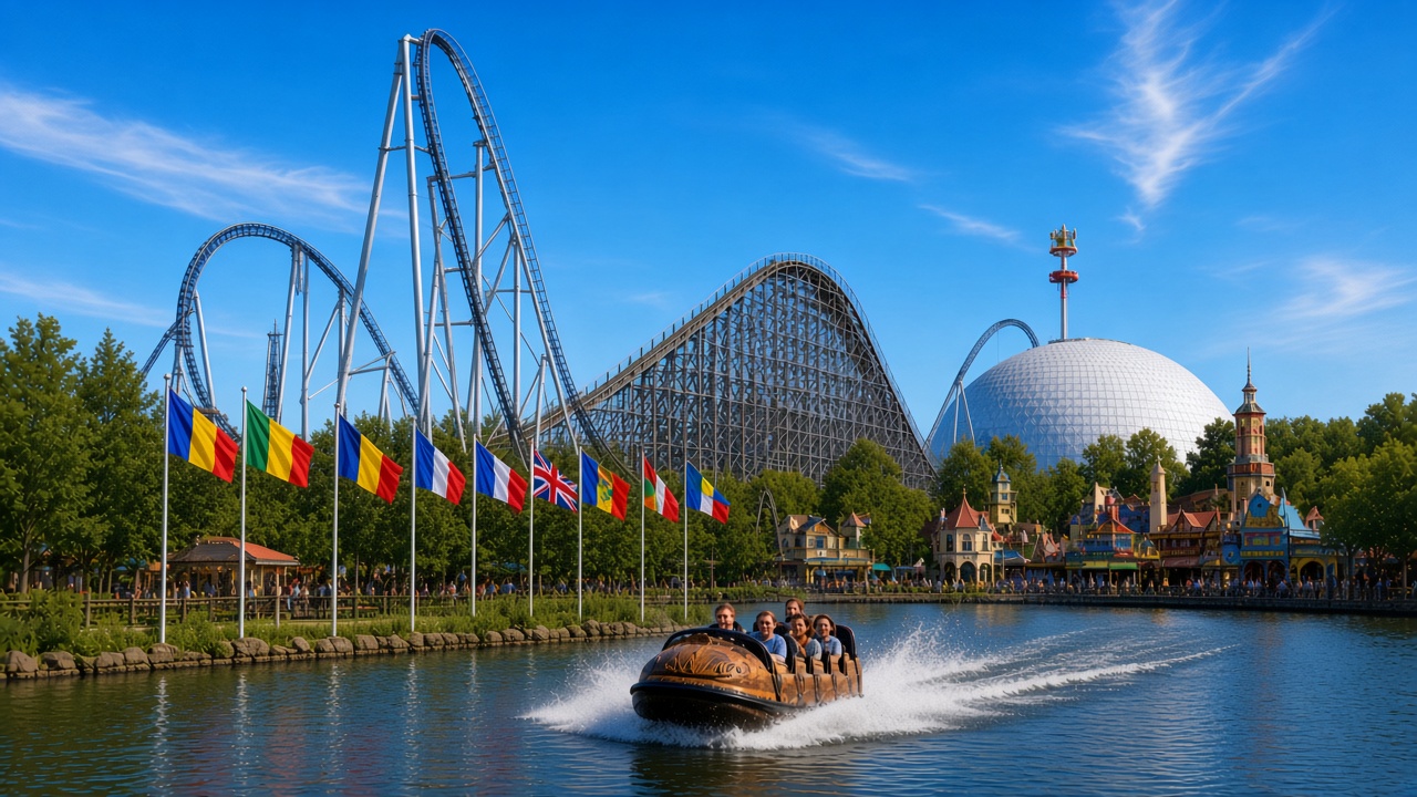 The Europa-Park lake in Rust, with Silver Star, the wooden coaster, the white dome, and the flags