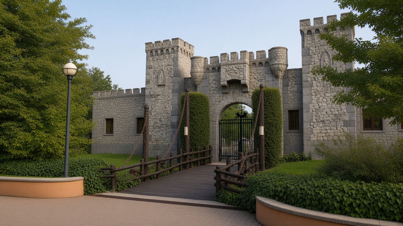The grey stone castle gate at Gardaland, with crenellated towers and a wooden bridge