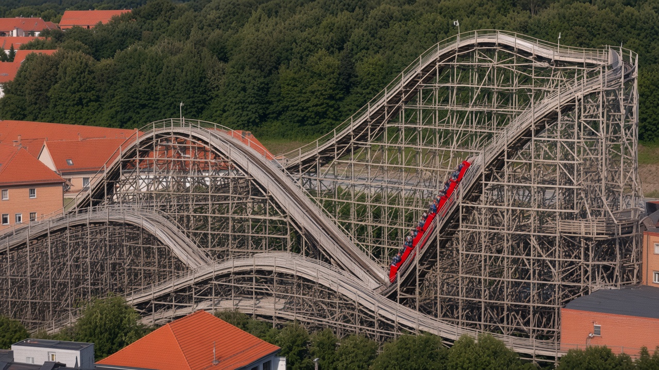 The wooden roller coaster at Liseberg, a pale timber lattice against a wooded hill