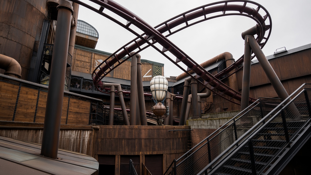 Rookburgh at Phantasialand, maroon coaster track over a rust-coloured yard and a white balloon lamp