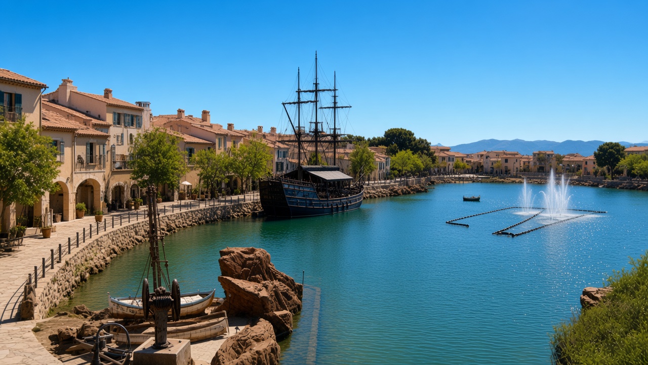 The Mediterrània lake at PortAventura, with cream houses, a fountain, and a ship mast
