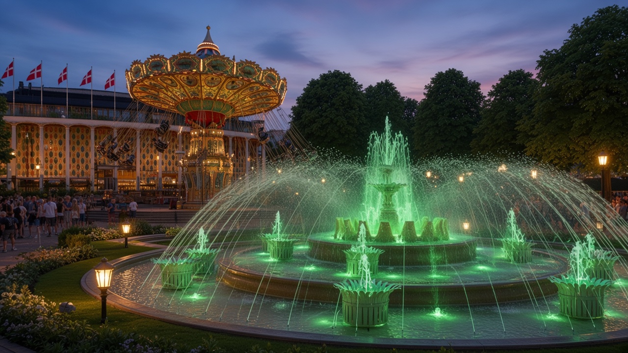 The fountain at Tivoli Gardens in Copenhagen, green jets in front of an ornate swing ride